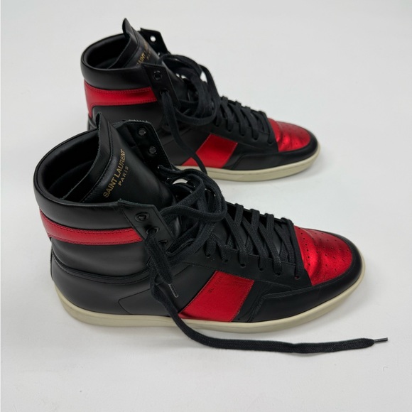 Saint Laurent Black and Red Leather/Satin Sneakers - Picture 1 of 6